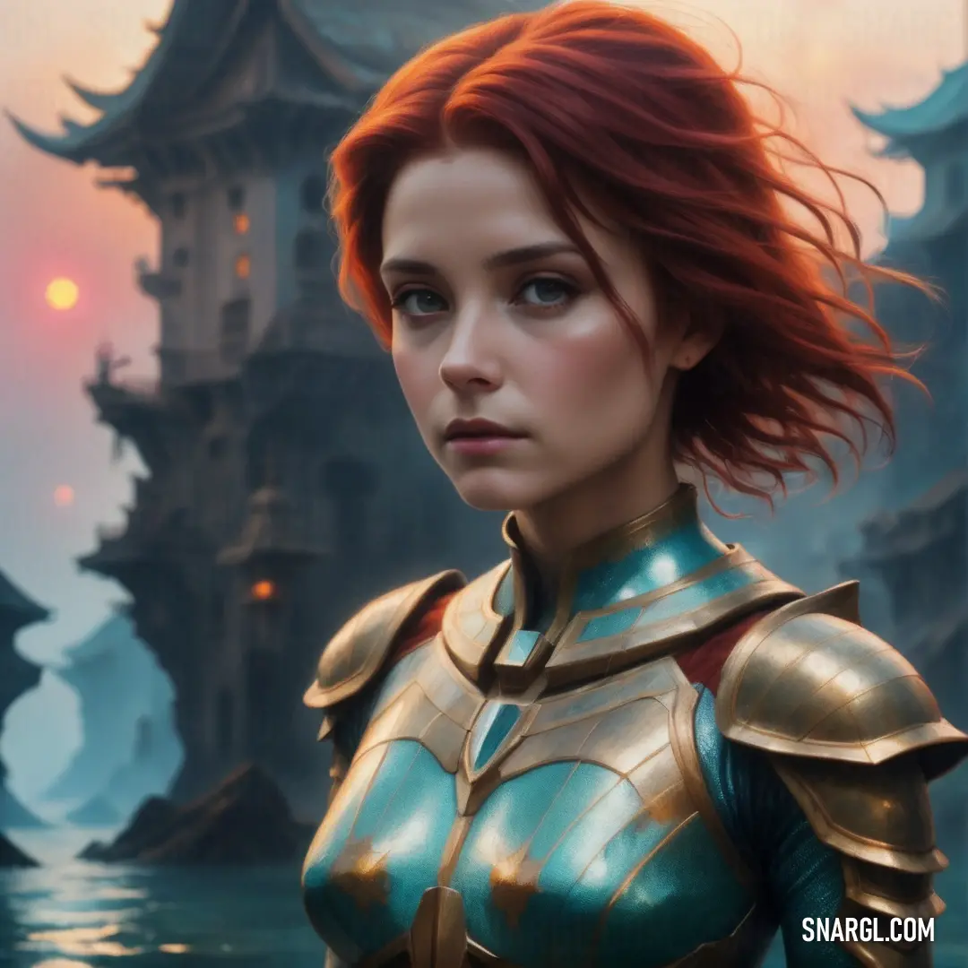 Woman in a armor is standing in front of a castle with a castle in the background. Color PANTONE 2389.