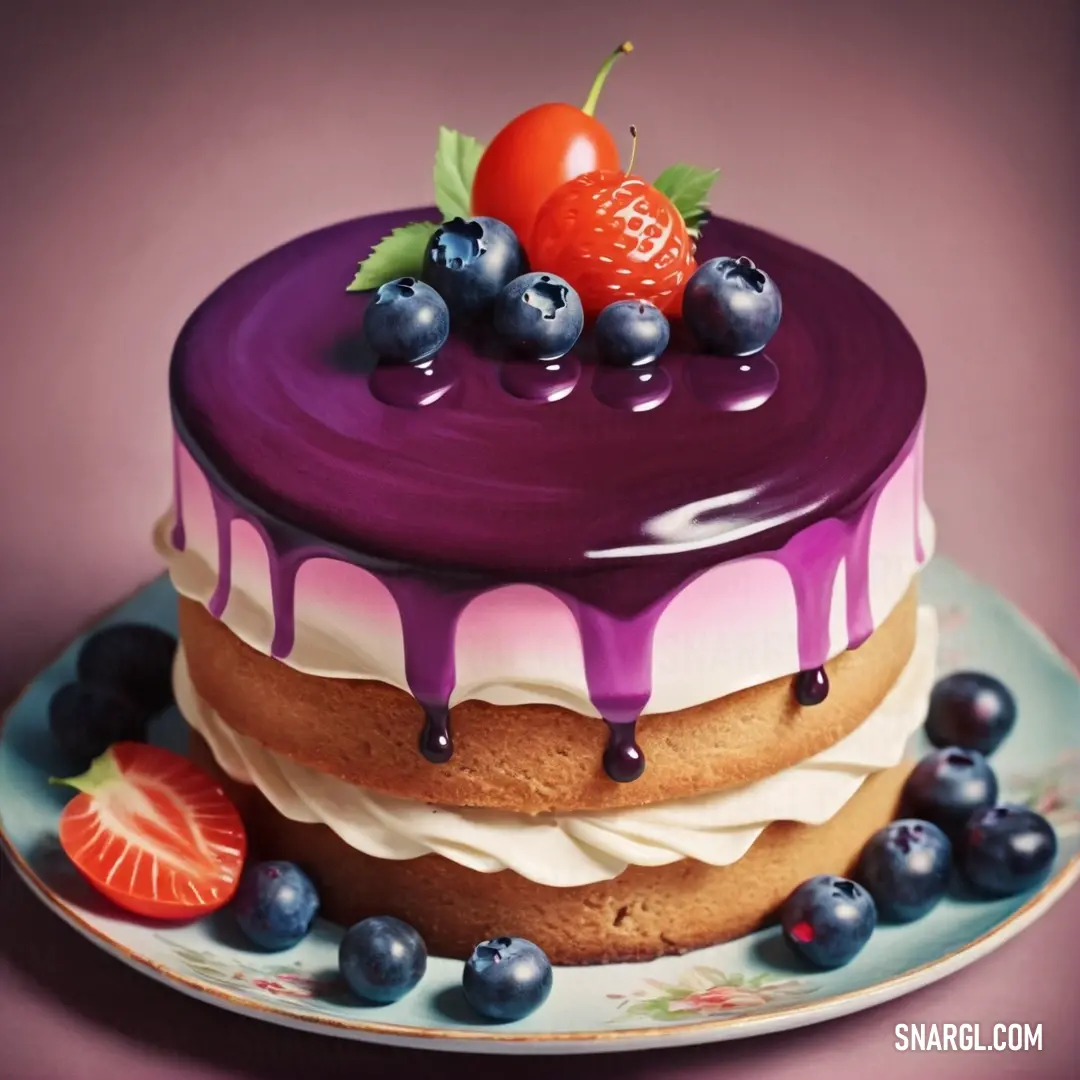 Cake with blueberries and strawberries on top of it on a plate with a strawberry and blueberry on top. Example of CMYK 100,100,0,45 color.