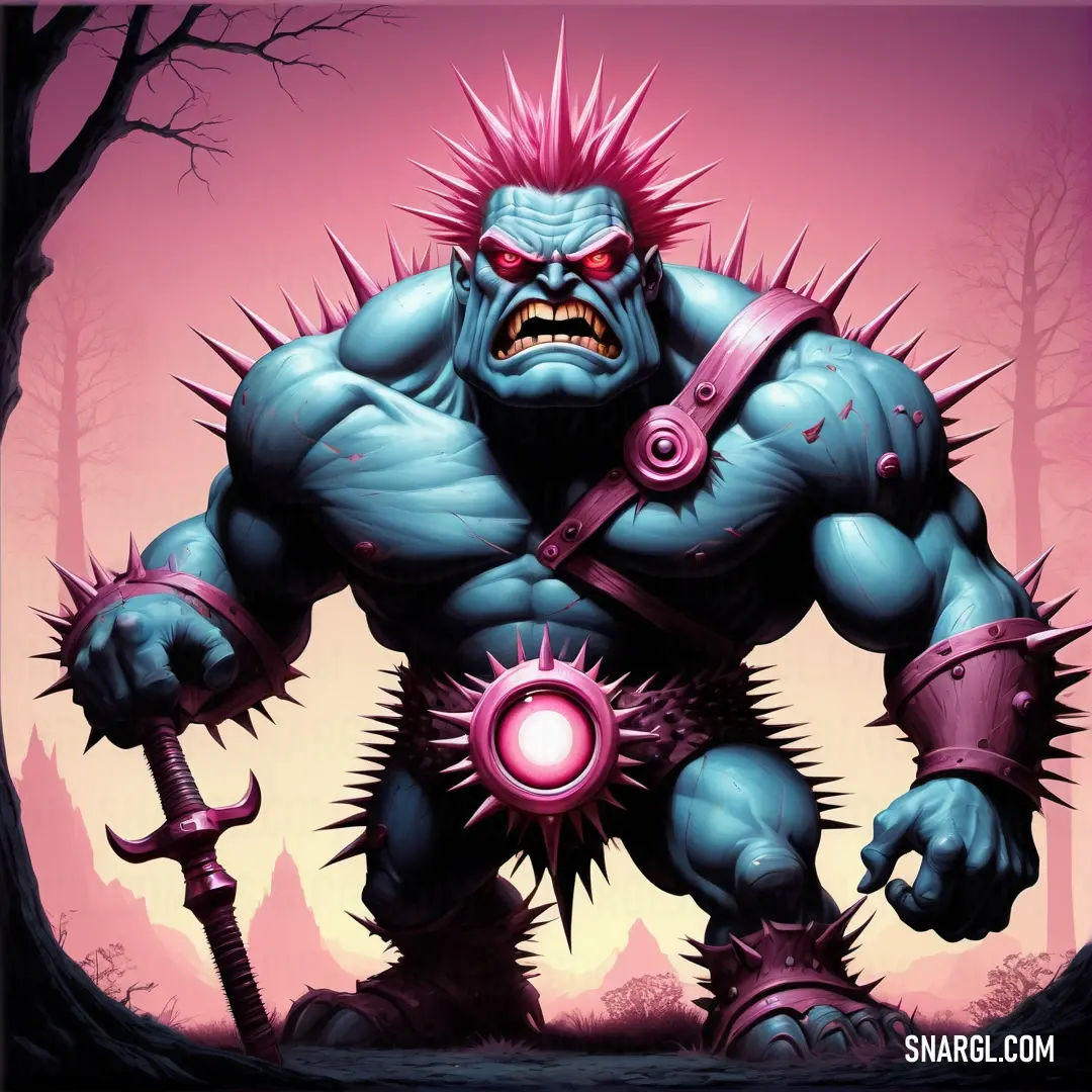 Cartoon character with a big head and spiked hair holding a hammer and a ball of blood in his hand. Color RGB 197,90,157.