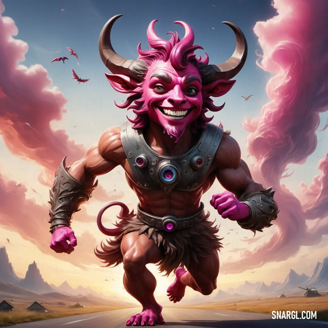 Cartoon character with a horned face and purple hair running down a road with a sky background and clouds