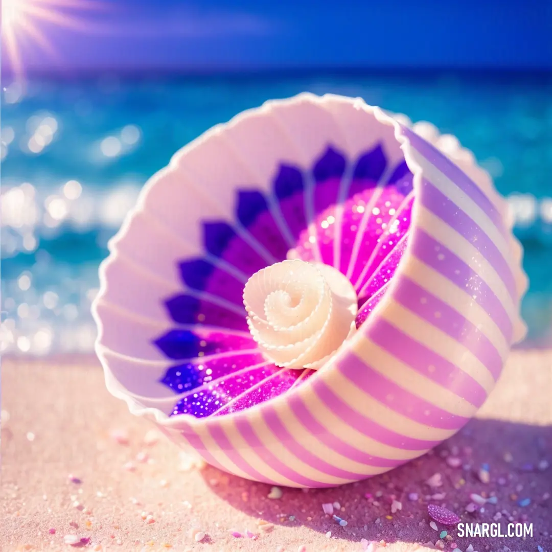 Pink and white shell on the beach with a blue sky in the background and a pink and white stripe shell