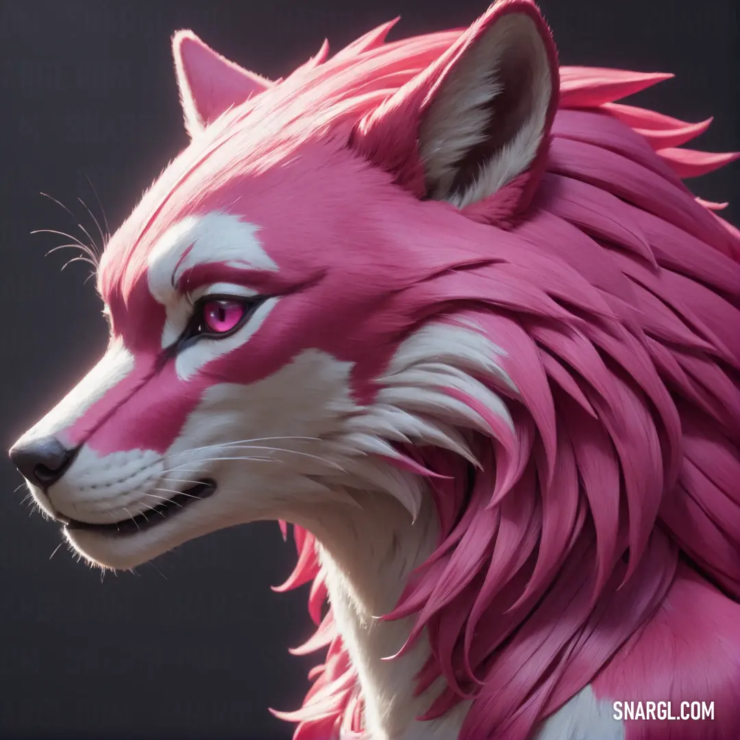 Pink and white wolf with pink eyes and a black background is featured in this image of a pink and white wolf. Example of PANTONE 239 color.