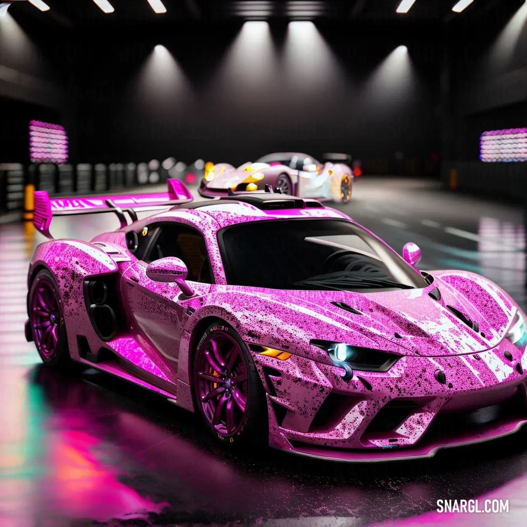 Pink sports car is parked in a garage with lights on the ceiling and a purple car is parked in the garage. Color CMYK 16,82,0,0.