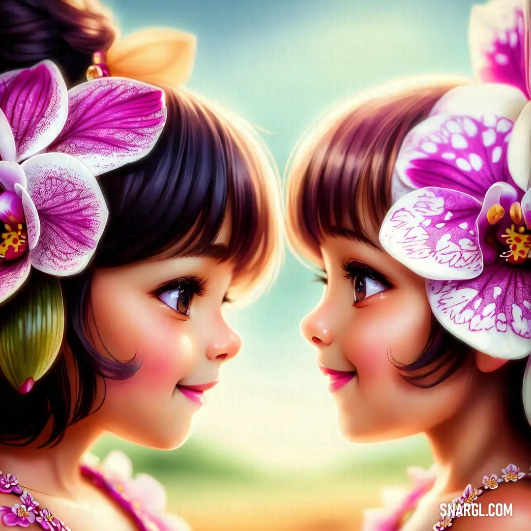 Two little girls with flowers in their hair looking at each other with a blue sky in the background