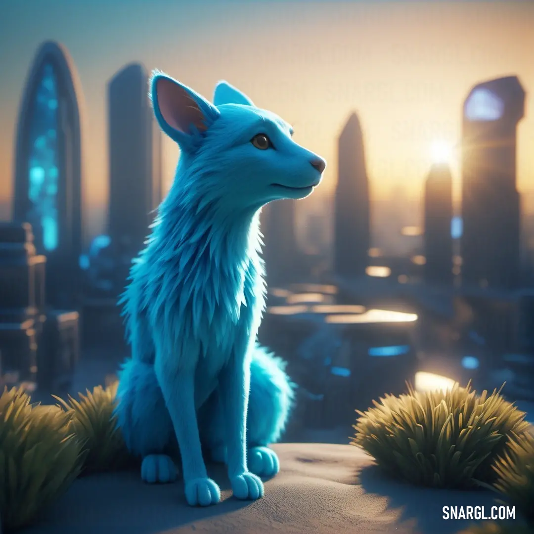 Blue furry animal on top of a desert covered ground next to a city skyline at sunset or dawn. Example of RGB 26,127,171 color.