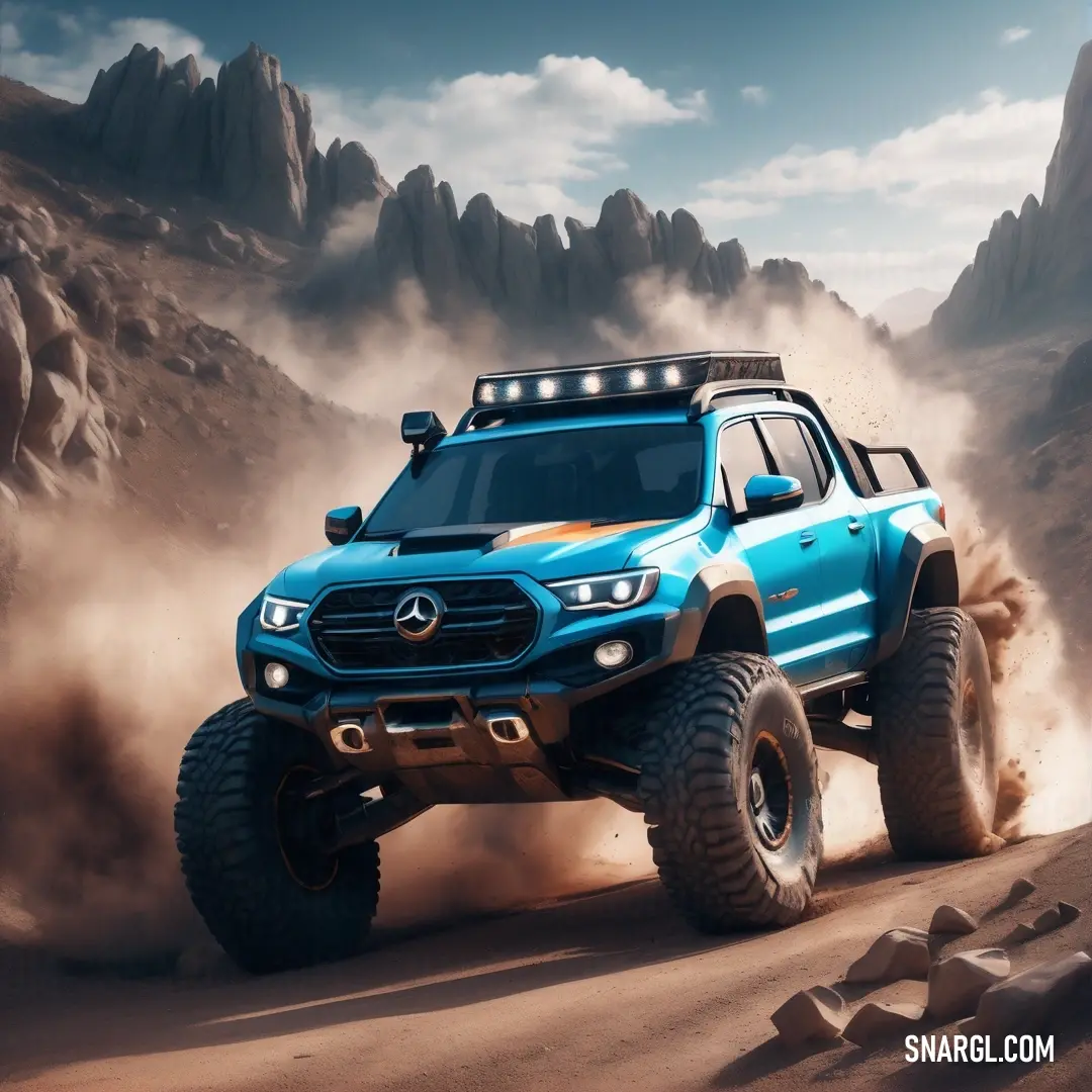 PANTONE 2390 color example: Blue truck driving through a desert with rocks and mountains in the background