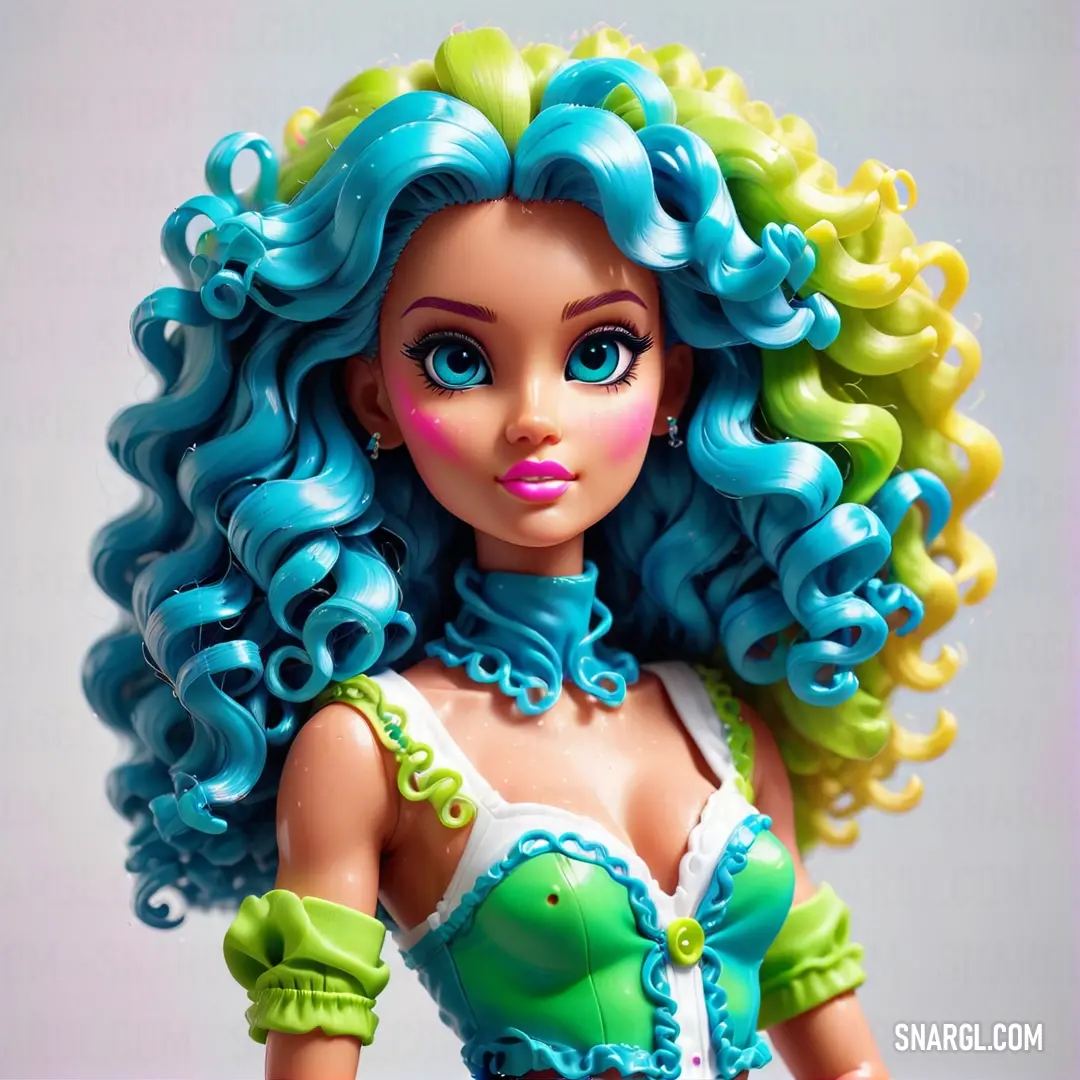 Doll with blue and green hair and a green bra top on a table with a white background. Example of RGB 26,127,171 color.