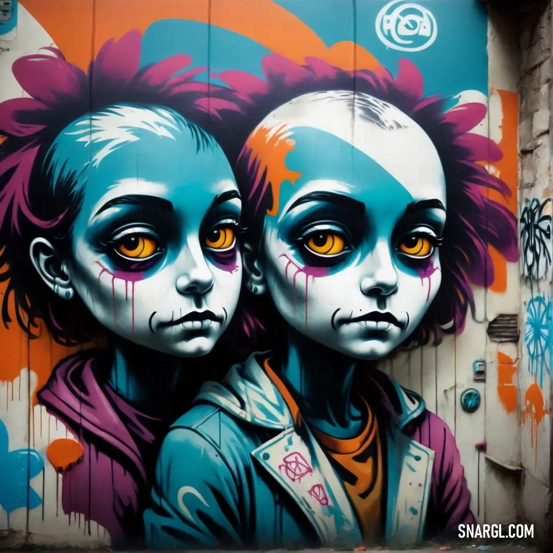 Painting of two children with orange eyes and hair painted on a wall with graffiti on it. Color PANTONE 2390.