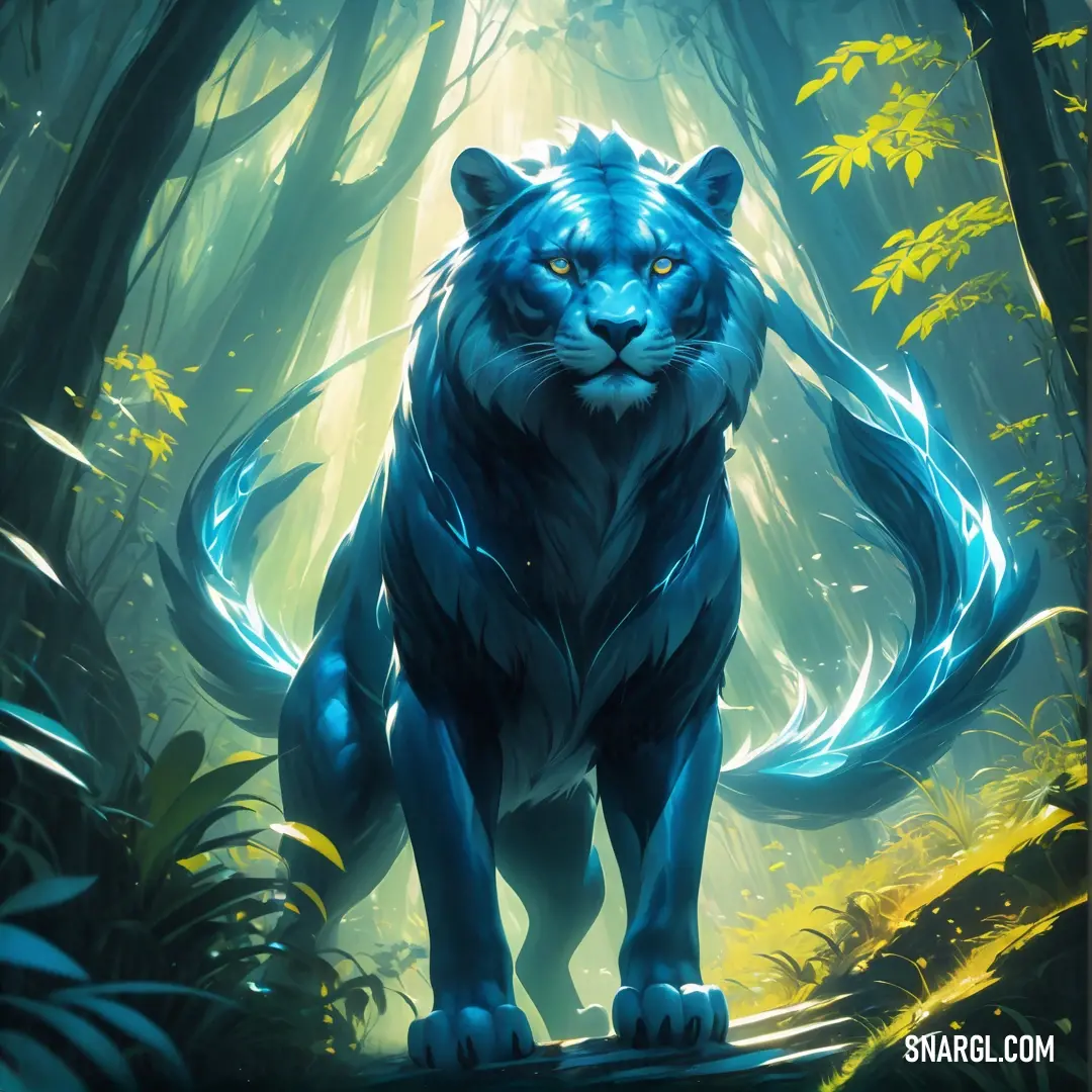 PANTONE 2391 color. Blue tiger standing in a forest with its tail curled up and glowing eyes closed