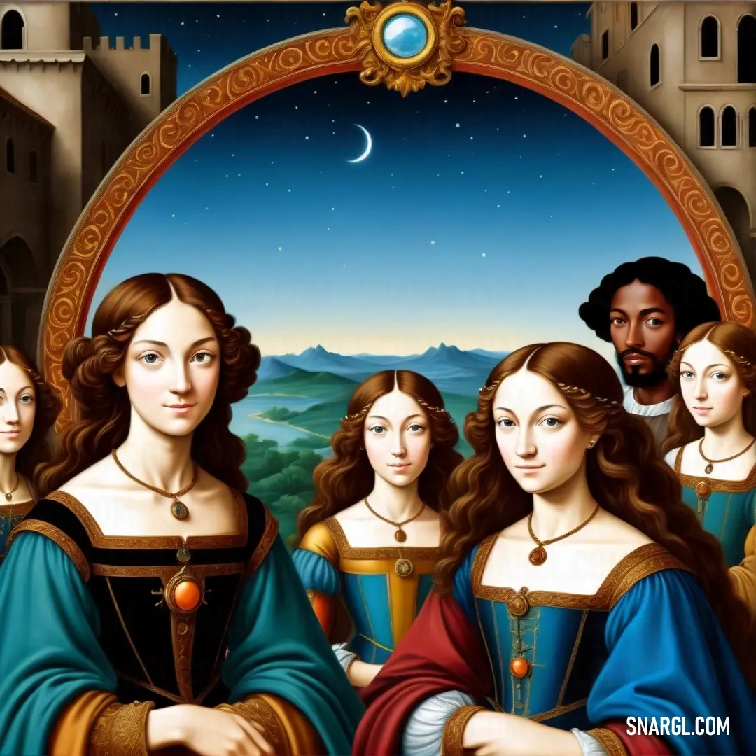 Painting of a group of women in renaissance dress with a moon in the background