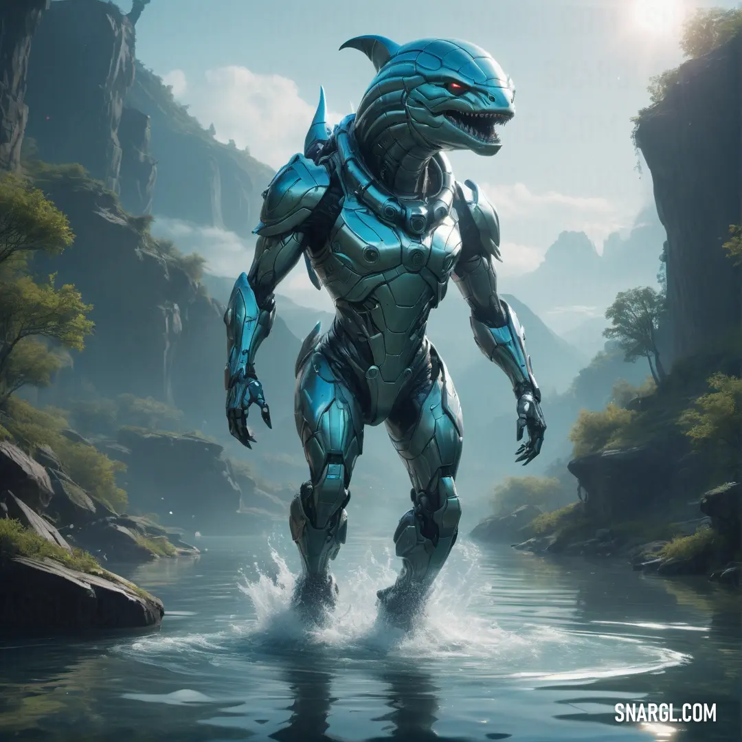 Robot is walking through a river in a futuristic environment with a mountain in the background and a sun shining
