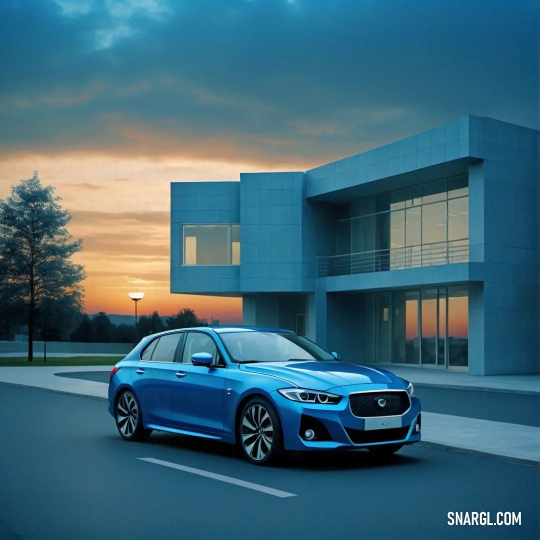 Blue car parked in front of a building at sunset or dawn with a sky background. Example of CMYK 87,38,24,19 color.