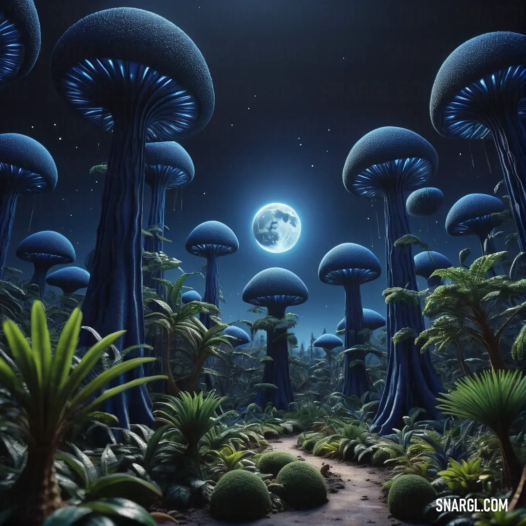 PANTONE 2392 color. Group of mushrooms in a forest with a full moon in the background