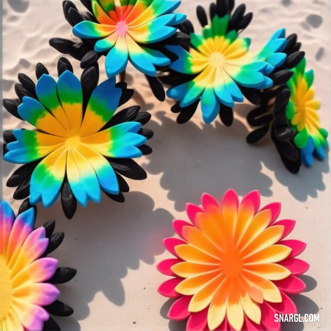 Group of colorful flowers on top of a white surface next to each other on a table top. Color #0096CD.