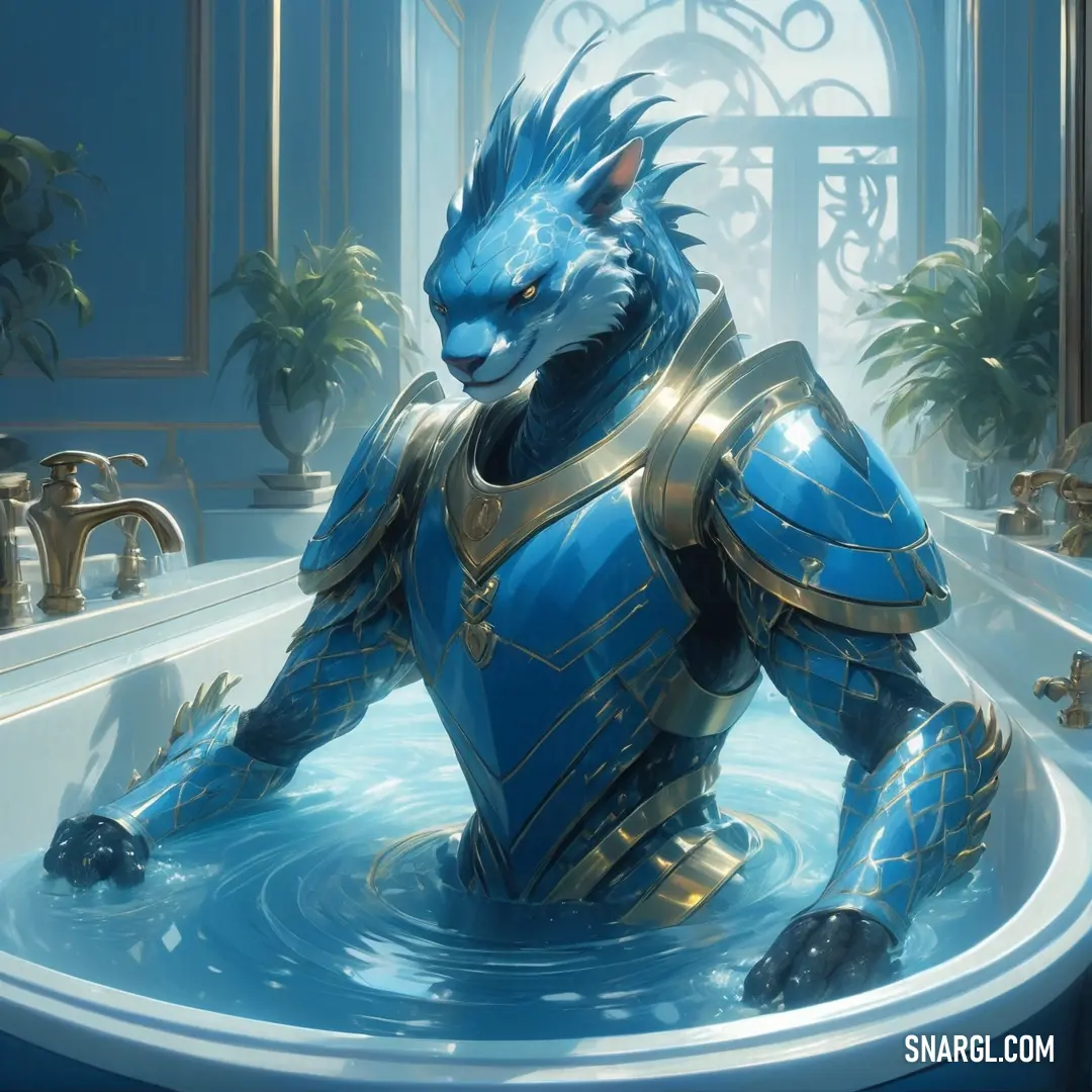 Blue creature in a bathtub with a mirror in the background. Example of #008DCE color.
