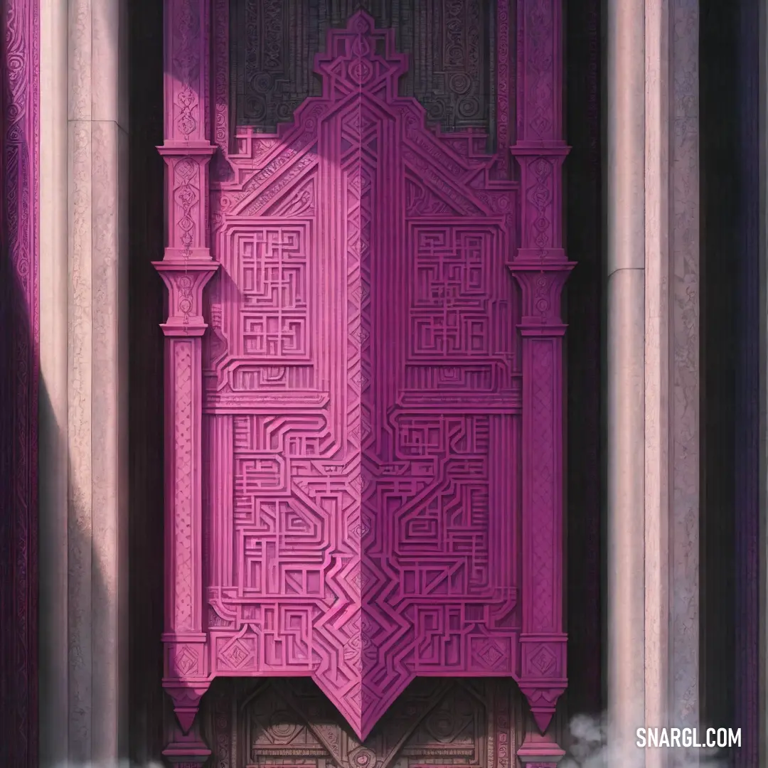 Pink door with a pattern on it and a window in the background with a light coming through it. Color #B7418F.