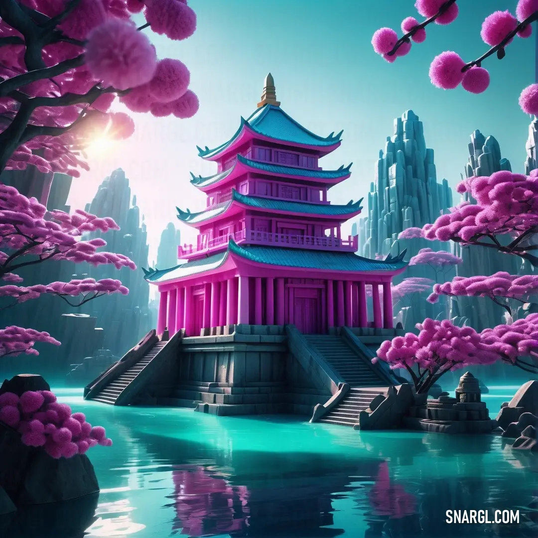 Painting of a pagoda in a park with pink flowers and trees in the background. Example of CMYK 74,0,29,0 color.