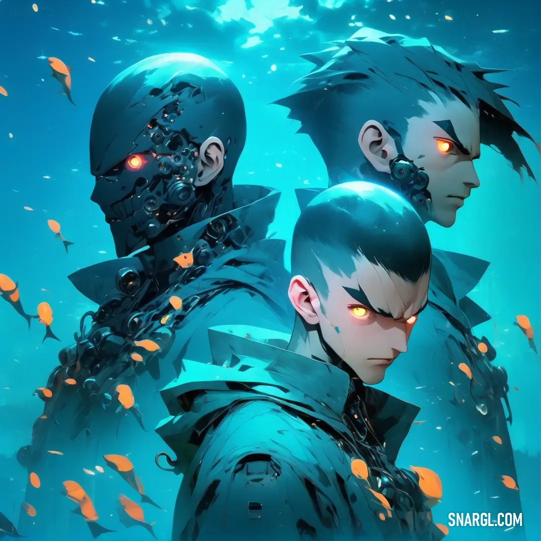 Two men with glowing eyes standing next to each other in front of a blue background with fish swimming around. Example of PANTONE 2397 color.
