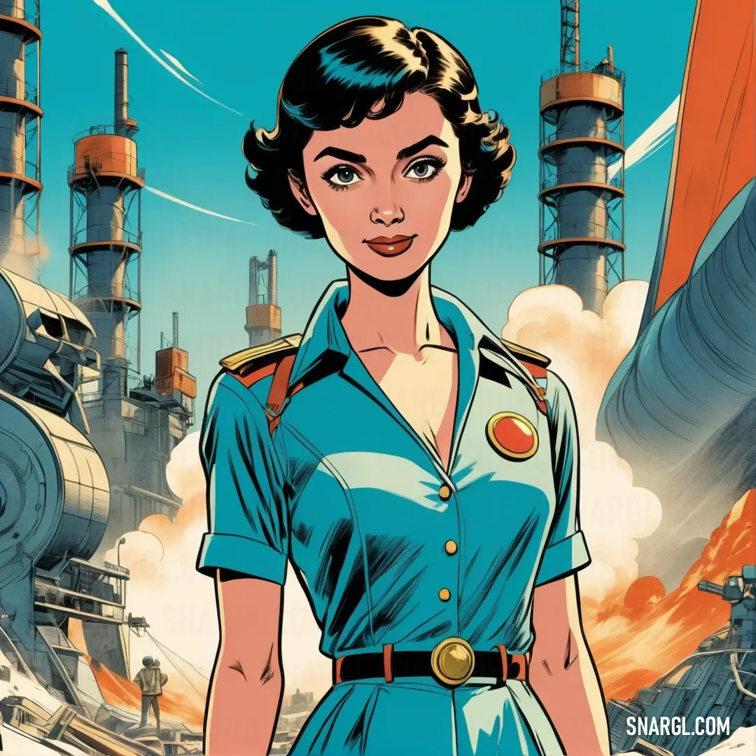 PANTONE 2397 color example: Woman in a blue uniform standing in front of a factory with smoke stacks and pipes behind her