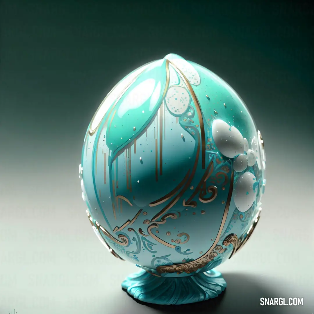 Blue glass ball with a flower design on it's side and a green base with gold trim. Color RGB 34,172,166.