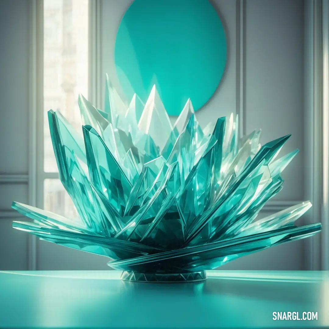 PANTONE 2398 color. Blue vase with a large amount of glass on it's surface in a room with a round window