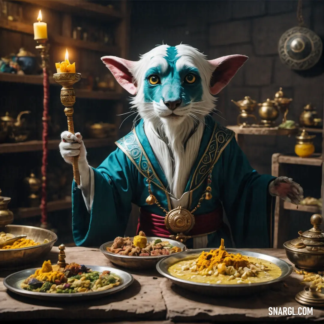PANTONE 2398 color. Cat dressed as a wizard holding a candle in front of a table of food and plates of food