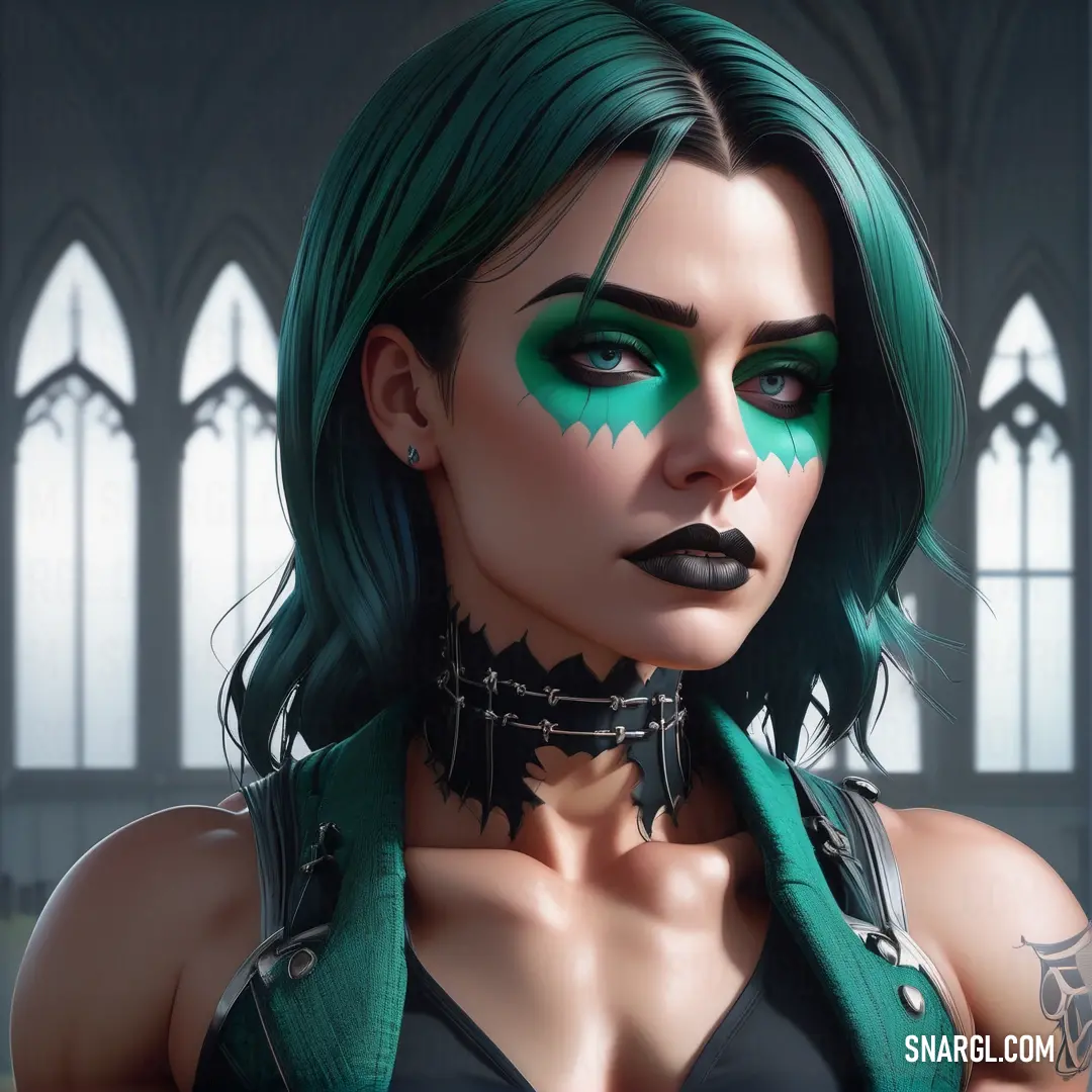 Woman with green hair and black makeup wearing a green outfit and a green choker with spikes on her neck. Example of RGB 34,172,166 color.