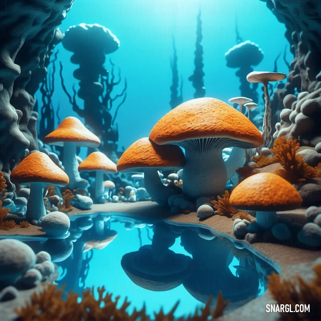 Group of mushrooms on top of a blue ocean floor next to a pond of water with rocks and algae. Color CMYK 90,0,43,0.