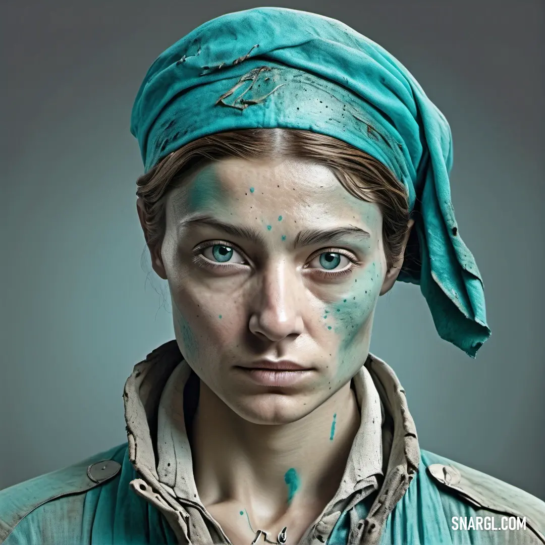 Woman with blue paint on her face and a green bandana on her head, with a blue background. Color #009C96.