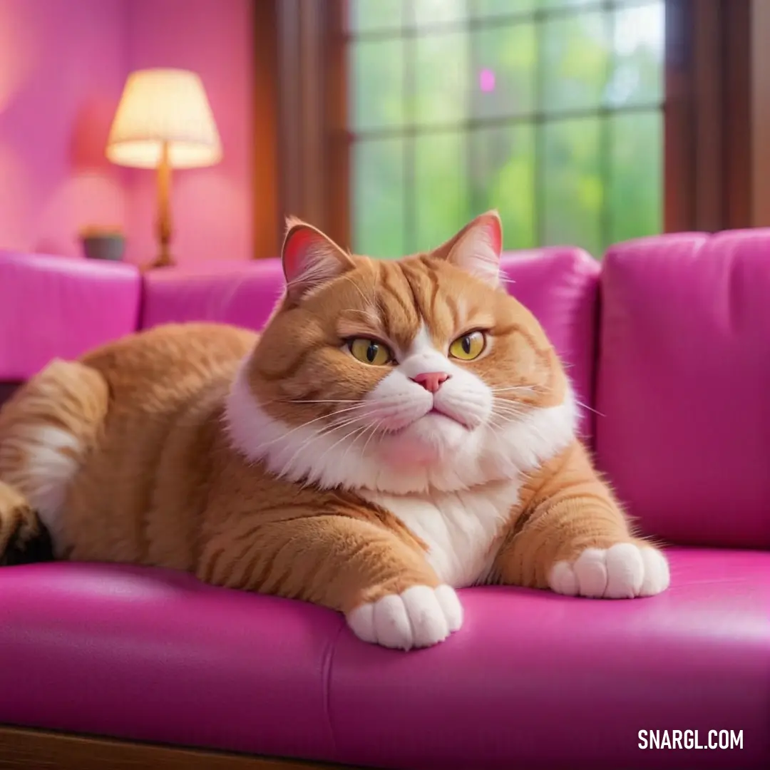 Cat laying on a pink couch in a living room with a window behind it and a lamp on the side. Color PANTONE 240.