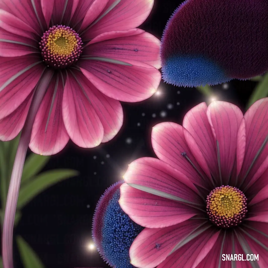 Close up of a pink flower with a blue center and green leaves on a black background with a star in the middle. Color CMYK 20,89,0,0.
