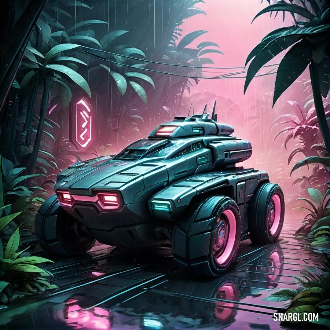 Futuristic vehicle is driving through a jungle with pink lights on it's headlights and a neon sign. Color RGB 191,73,148.
