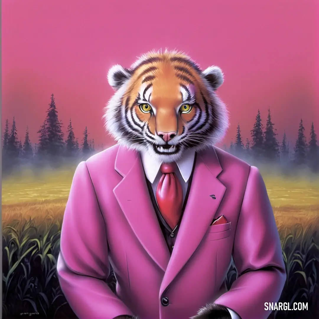 Painting of a tiger in a pink suit and tie with a pink sky in the background