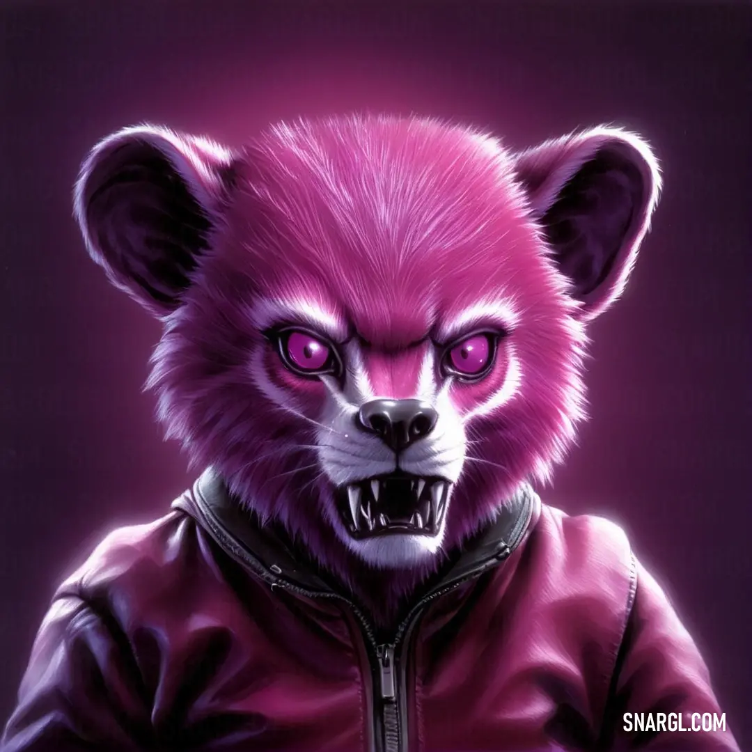 Pink colored bear with a leather jacket on it's chest and a purple background with a black zipper. Example of PANTONE 240 color.