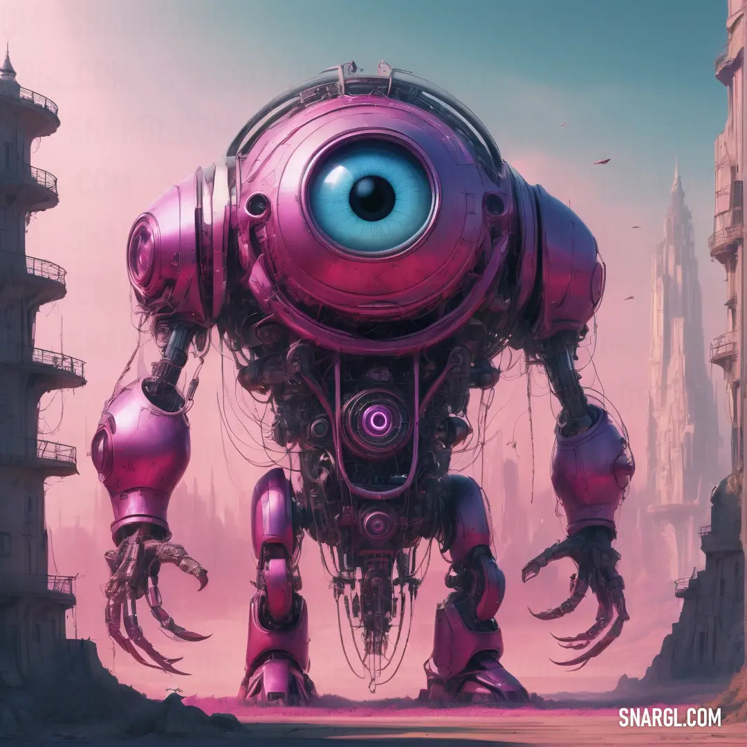 Robot with a large eye standing in a desert area with buildings in the background and a bird flying over it