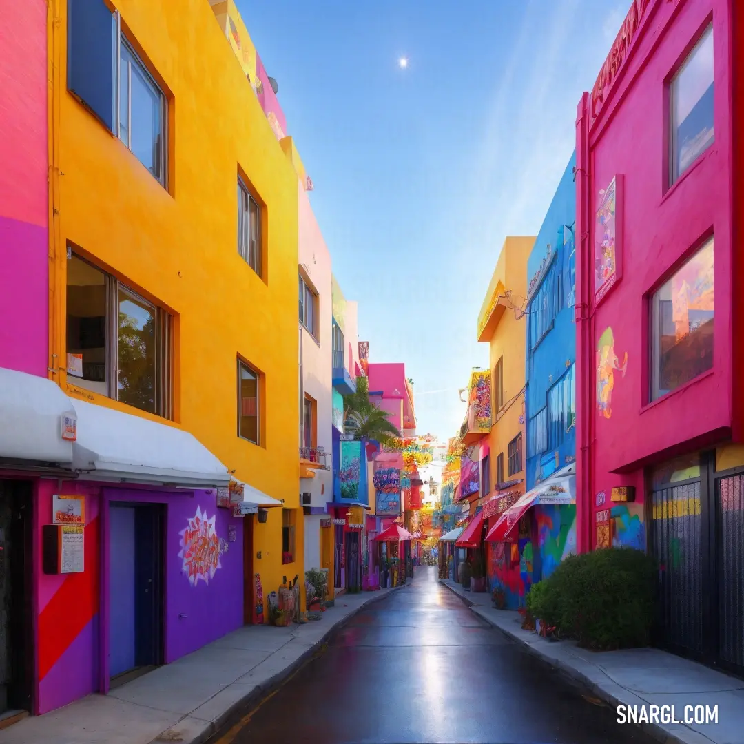 Street with a bunch of colorful buildings on both sides of it and a sky background with a few clouds
