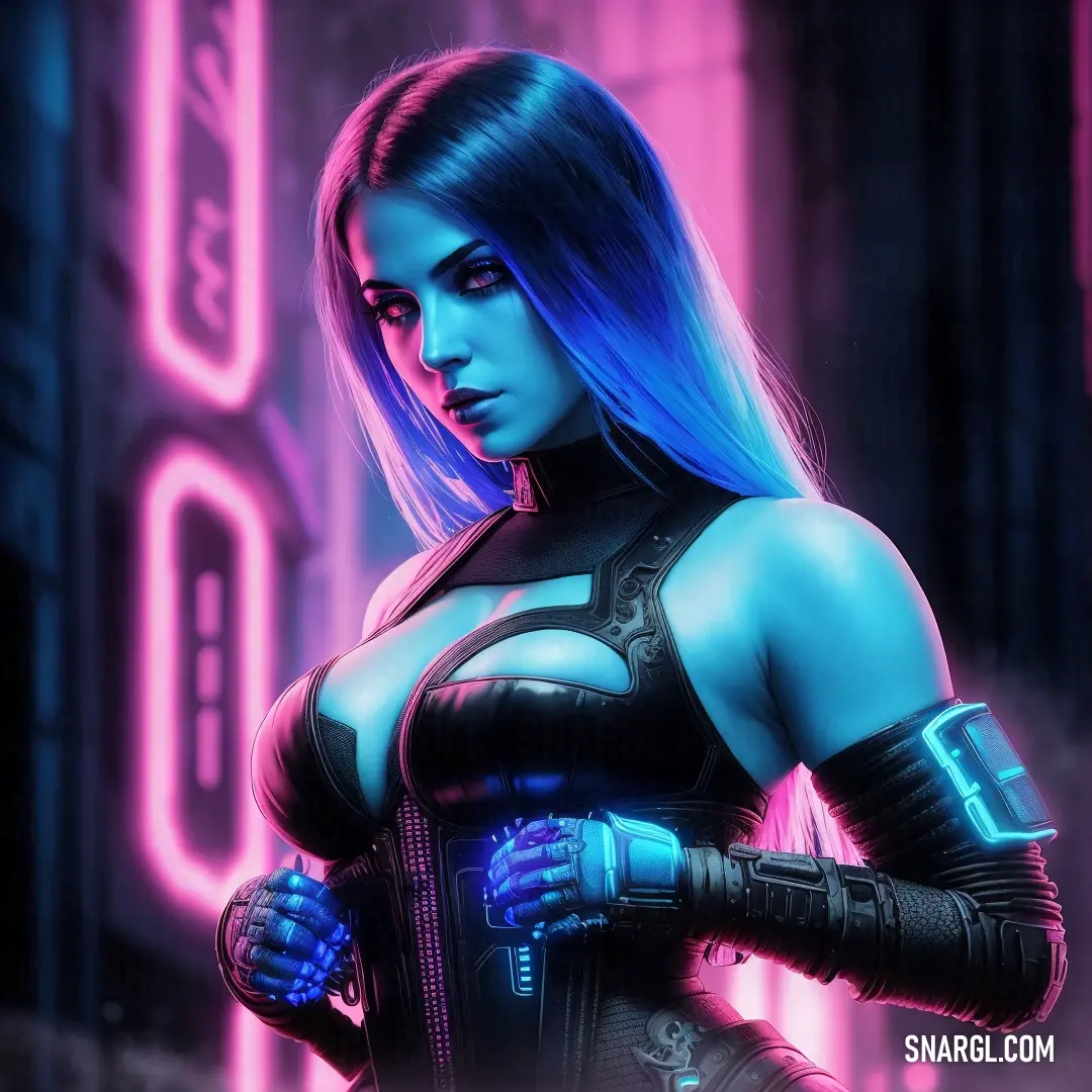 Woman in a futuristic suit with blue hair and gloves on her arm and a neon background