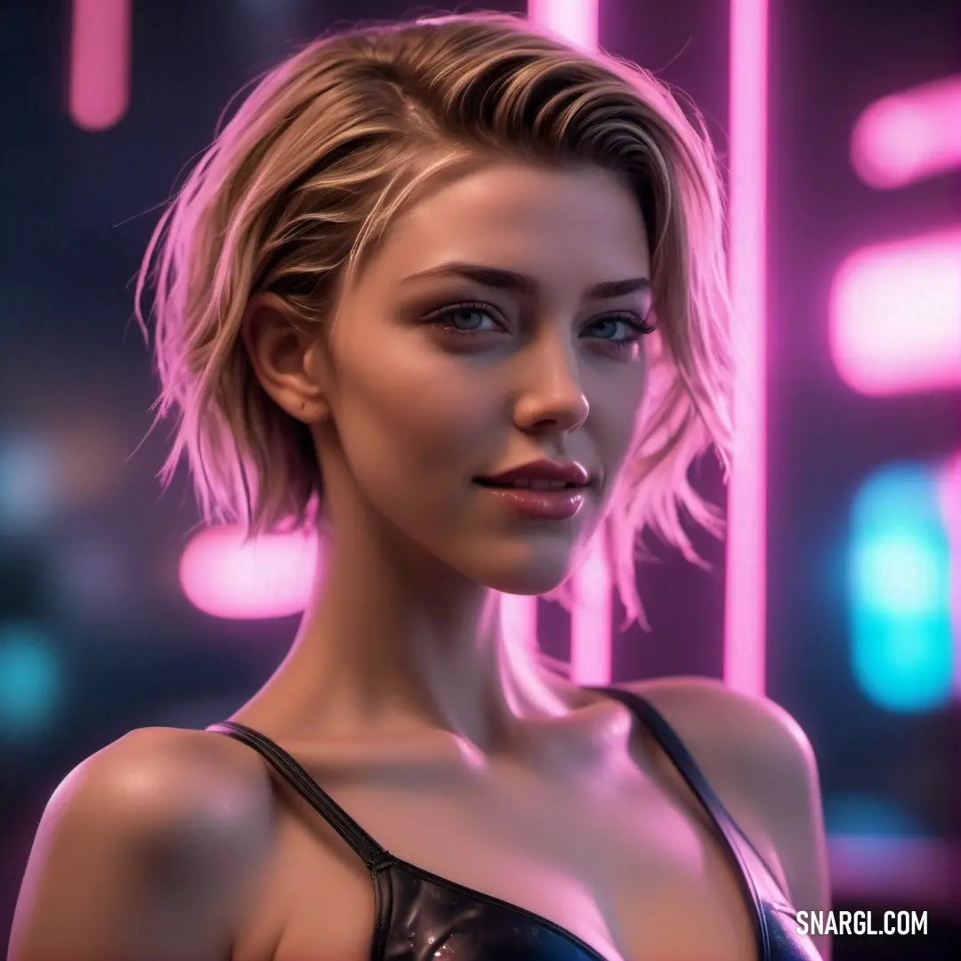 Woman with a black bra top and a neon background is shown in this digital painting style photo of a woman with a black bra top