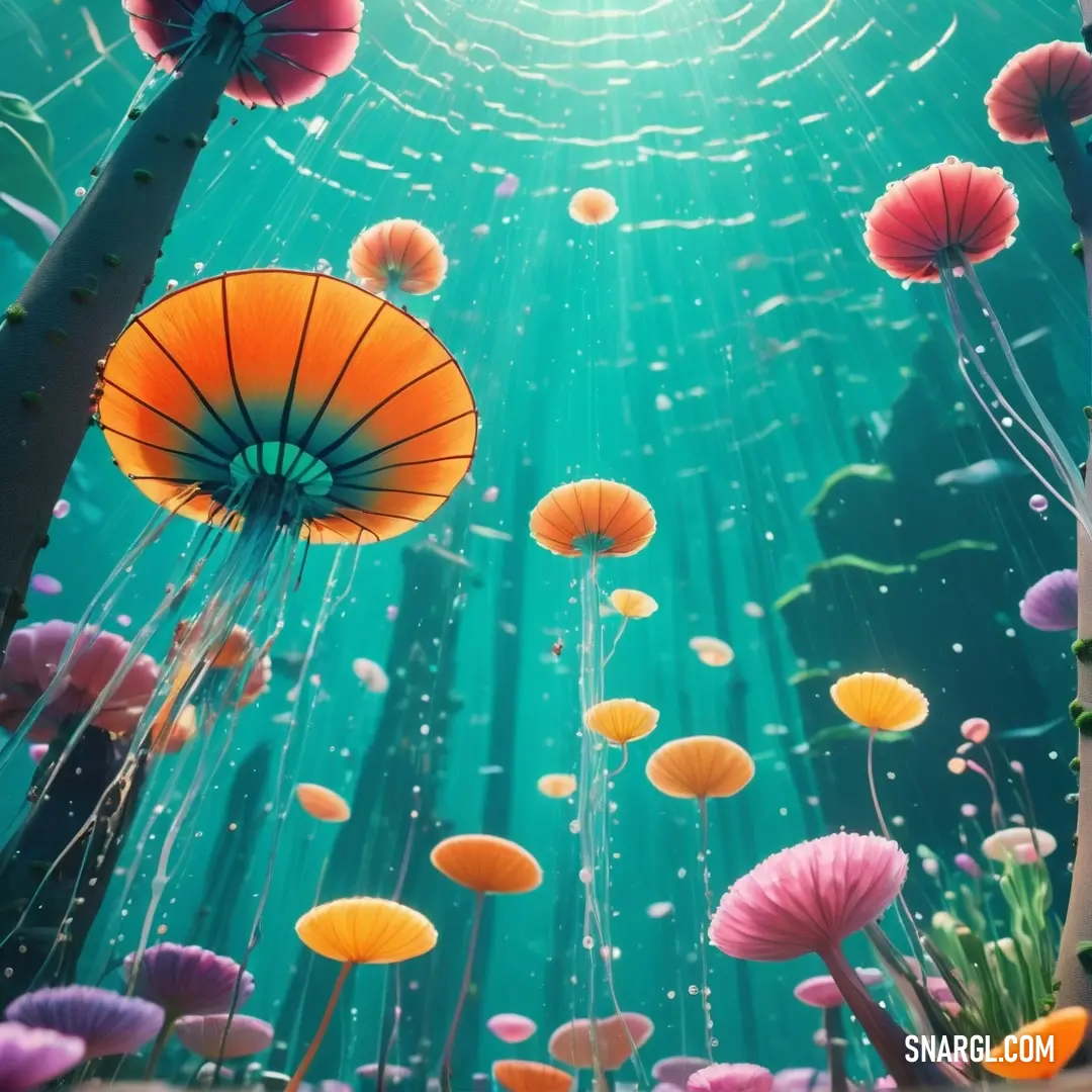 PANTONE 2400 color example: Painting of a sea of flowers and jellyfish in the water with sunlight coming through the water's bubbles