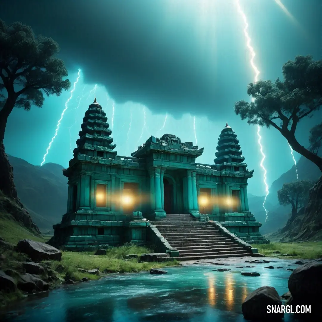 Painting of a temple with a lightning in the background. Example of CMYK 80,0,49,0 color.