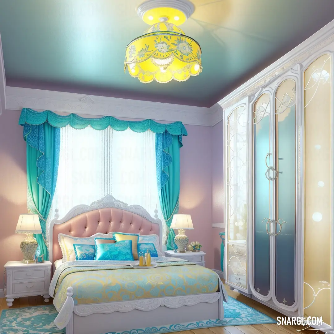 Bedroom with a bed, dresser. Color CMYK 73,4,45,0.