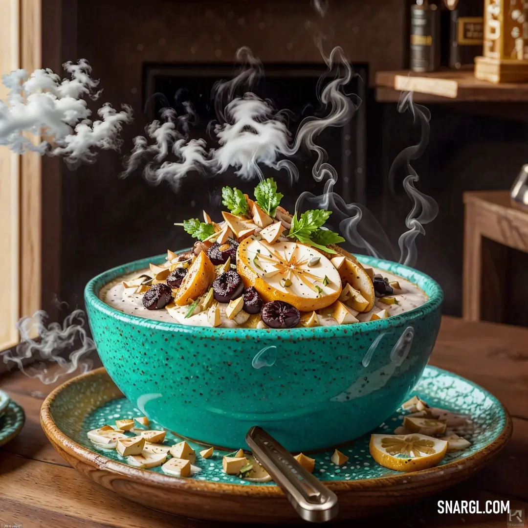 Bowl of food with smoke coming out of it on a plate with a spoon and spoon rest on the plate. Color CMYK 73,4,45,0.