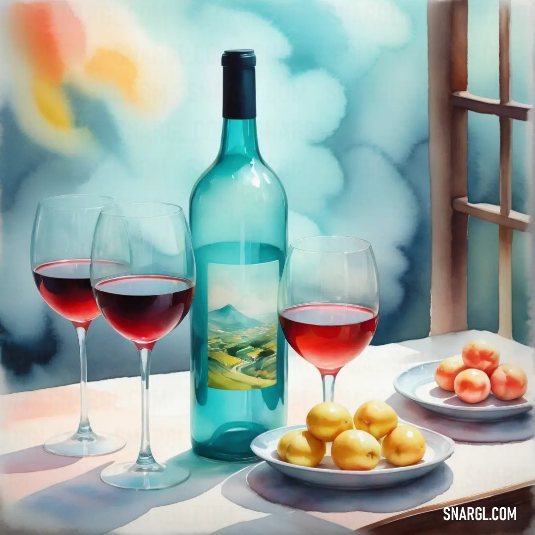Painting of a bottle of wine and two glasses of wine on a table with fruit and a plate of fruit. Example of PANTONE 2401 color.