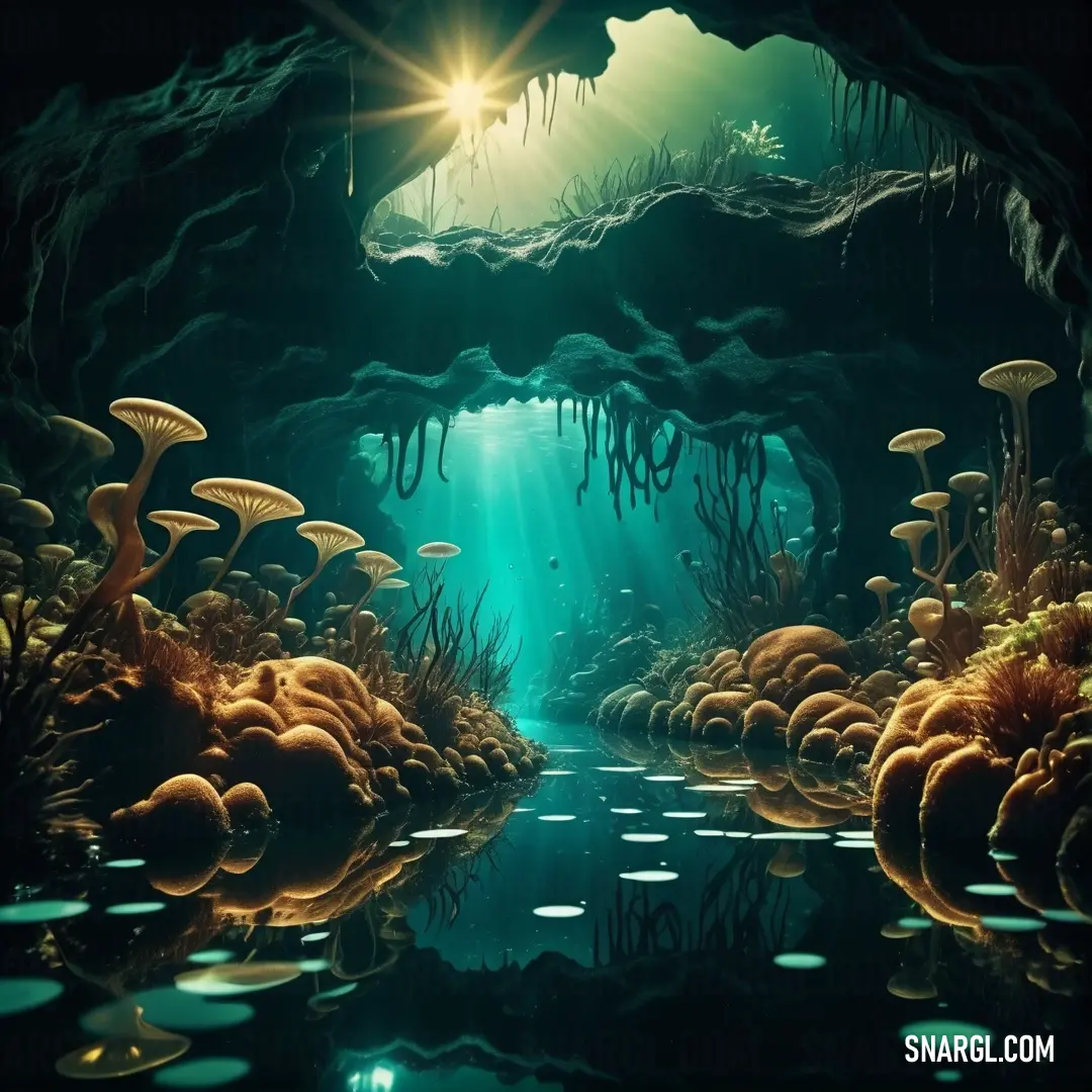 Painting of a underwater cave with a stream of water and lots of mushrooms and algaes in the water. Example of RGB 42,166,148 color.