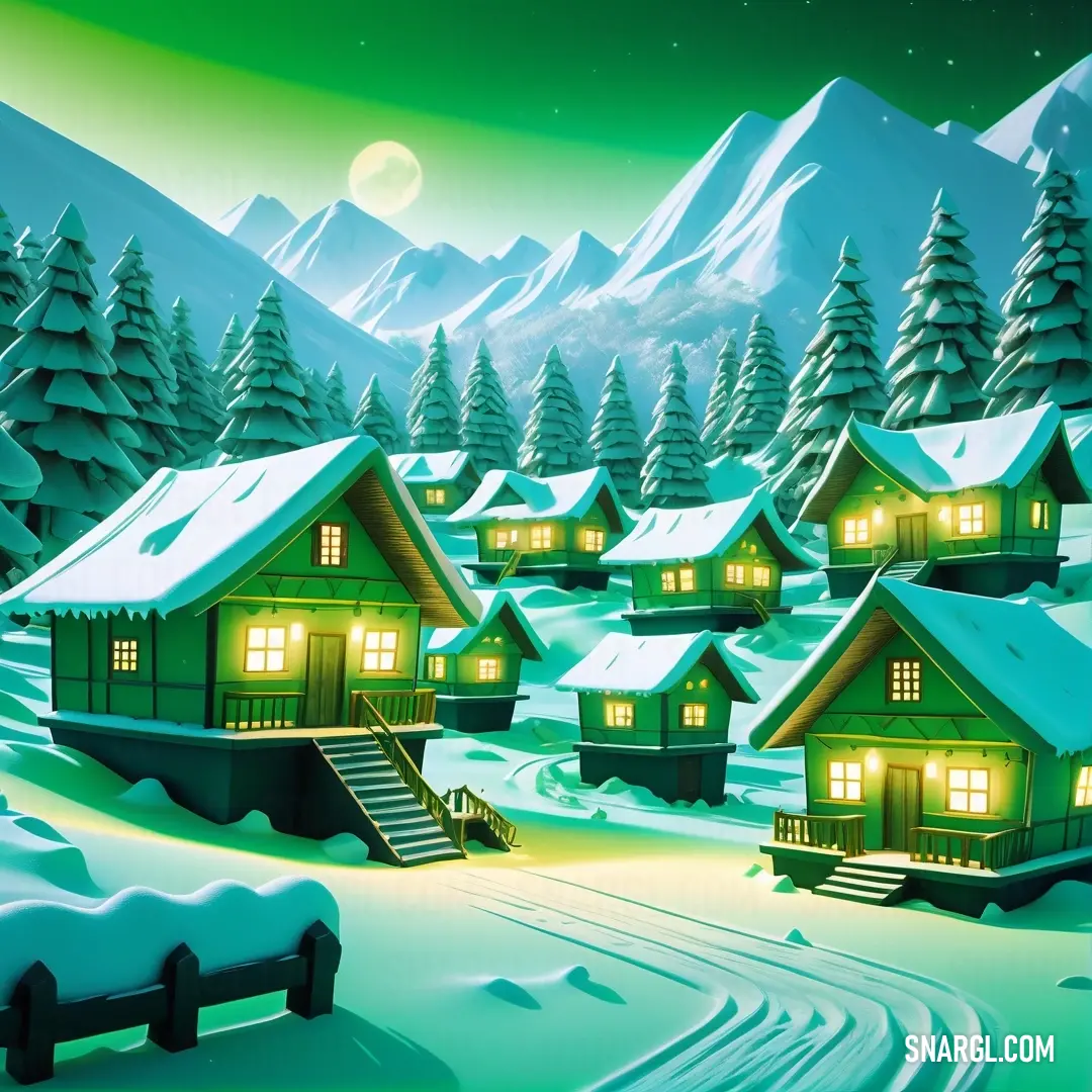 Snowy landscape with a cabin and a snow covered hill in the background. Color PANTONE 2401.