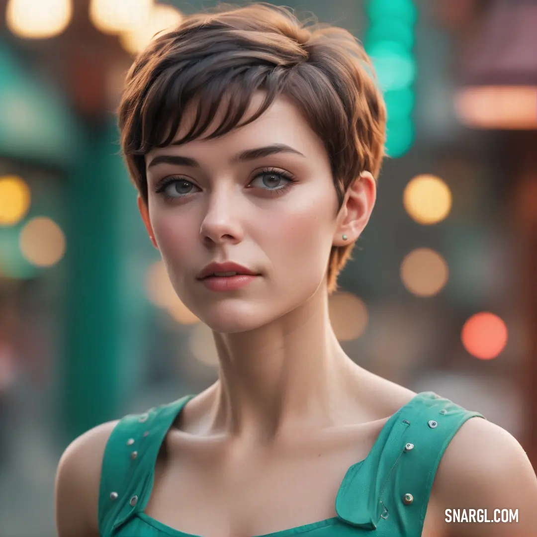 Woman with a short haircut and a green dress on a city street at night with lights in the background. Example of CMYK 73,4,45,0 color.