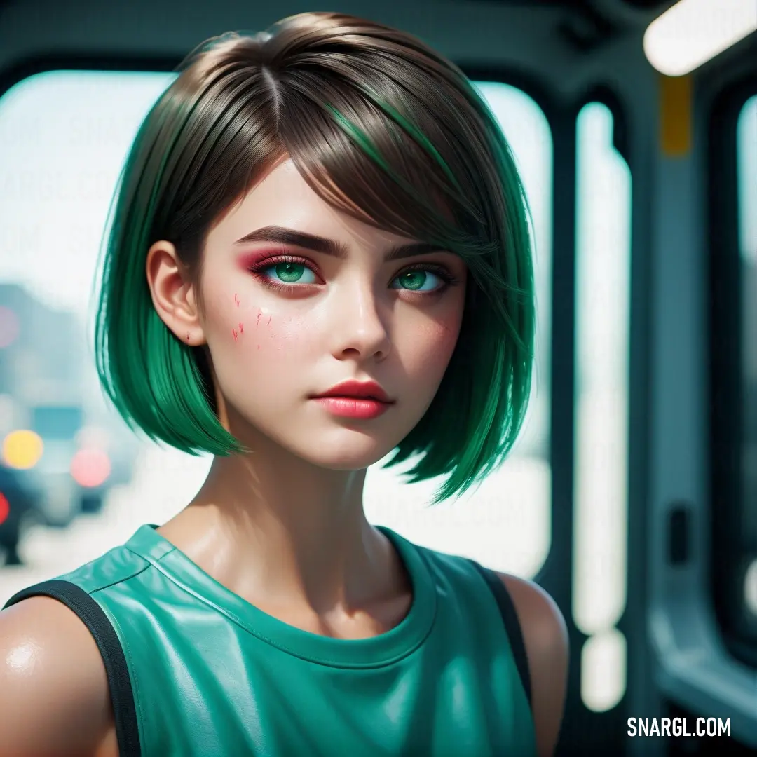 Woman with green hair and a green top on a bus with a city street in the background. Color #2AA694.