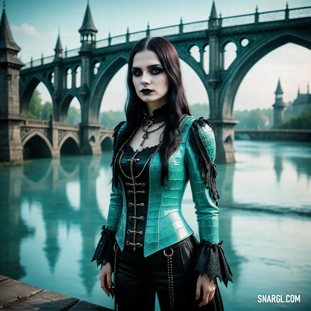 Woman in a corset standing on a bridge over a river with a bridge in the background. Example of #00957E color.