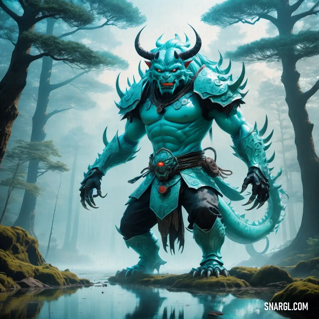 Blue demon standing in a forest with a pond of water in front of him and his claws in his hands. Example of #00857A color.