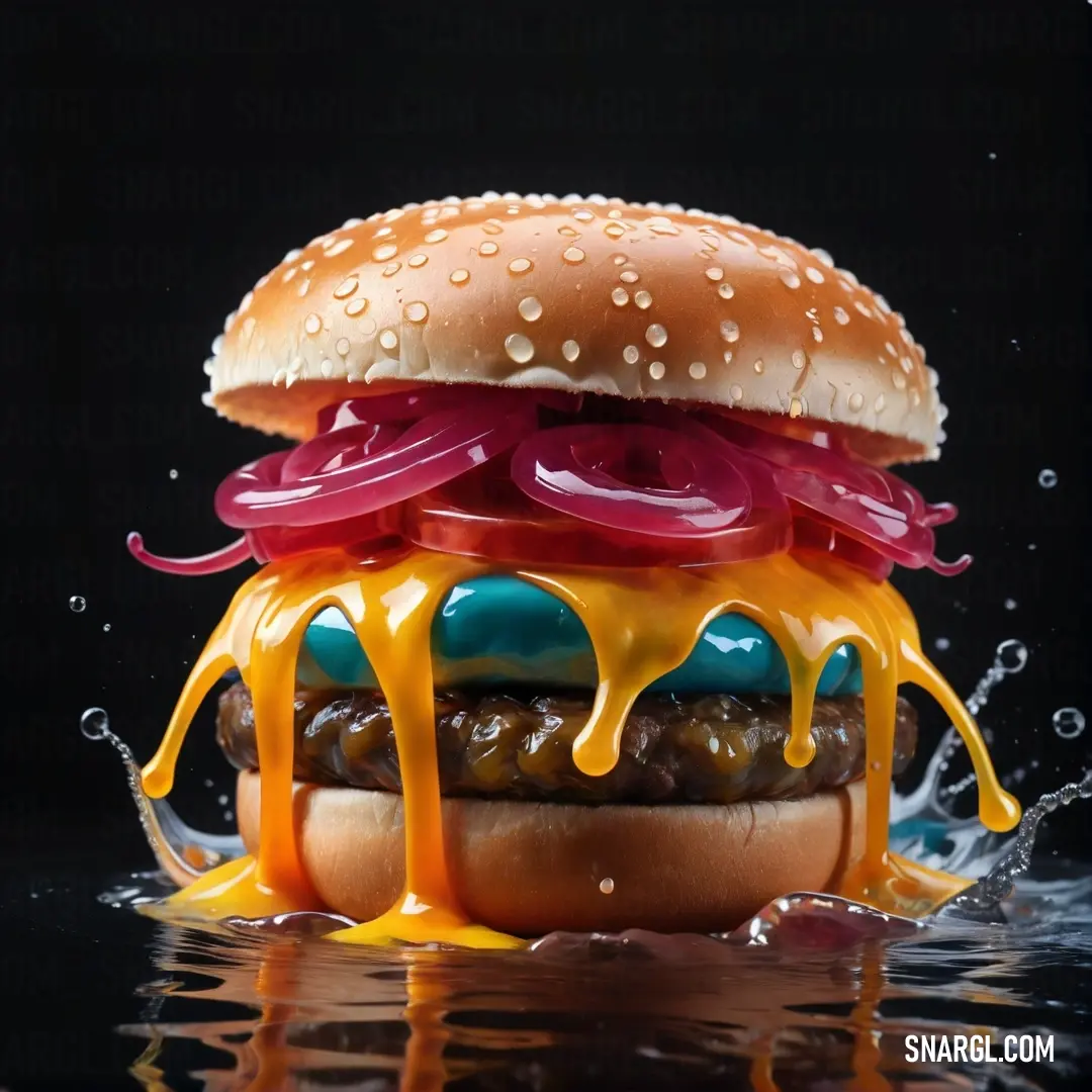 Hamburger with onions, cheese and ketchup on it is being splashed with water by a black background. Color RGB 0,133,122.